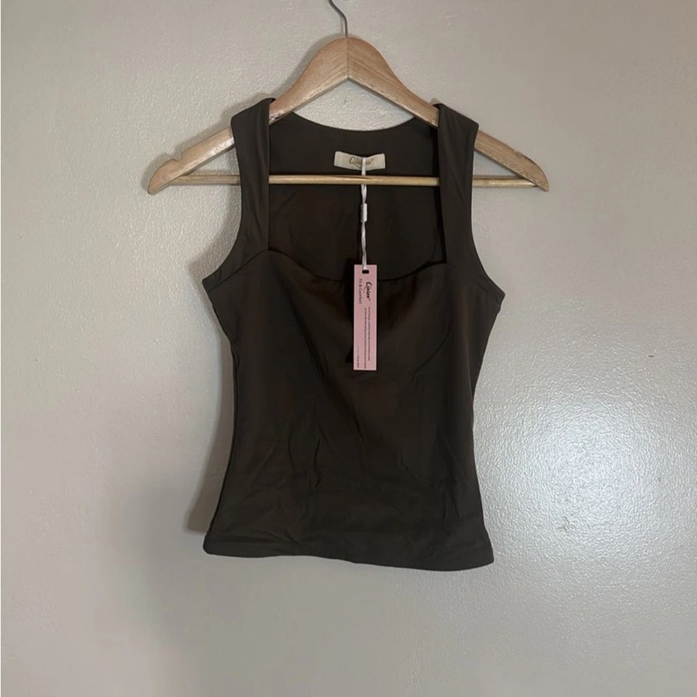 QINSEN Women's Square Neck Sleeveless Double-Layer Tank Top Brown S